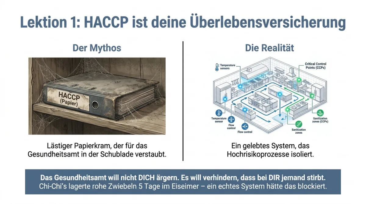HACCP Lebensmittelsicherheit Mythos versus Realität – Aktenordner in Schublade vs gelebtes Küchensystem mit Critical Control Points
