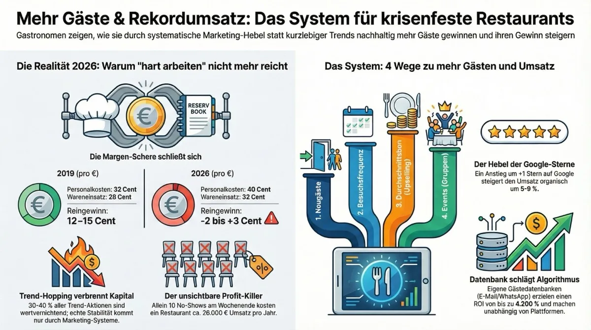 Mehr Gäste und Rekordumsatz: Das System für krisenfeste Restaurants – Margen-Schere 2026 und die 4 Wege