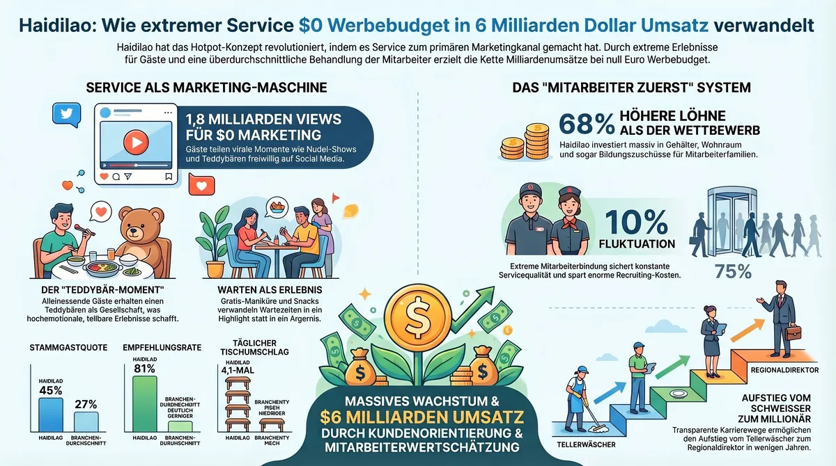 Haidilao Infografik: Service als Marketing-Maschine und Mitarbeiter-Zuerst-System im Überblick
