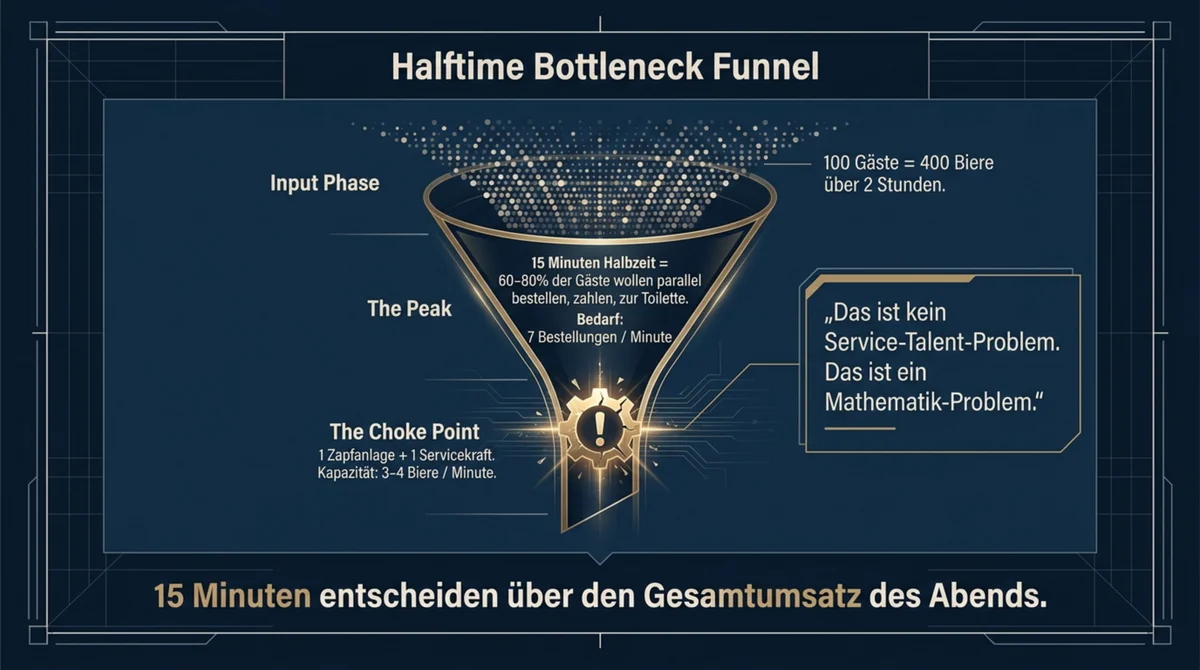 Halbzeit Bottleneck Funnel: 100 Gäste, 7 Bestellungen pro Minute, Kapazität 3-4 Biere – die Mathematik des Public-Viewing-Peaks
