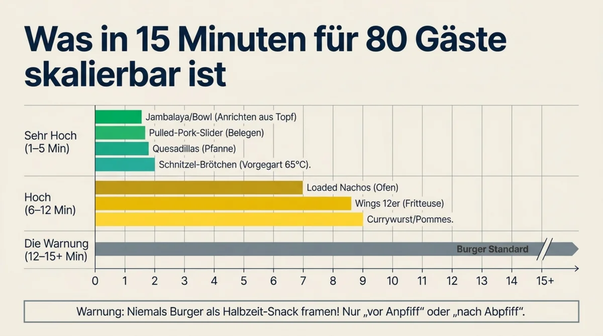 Halbzeit Snacks Restaurant: 9 Optionen nach Endgar-Zeit – Jambalaya 1–2 Min, Quesadillas 4–5 Min, Wings 8–12 Min, Burger 12–15 Min