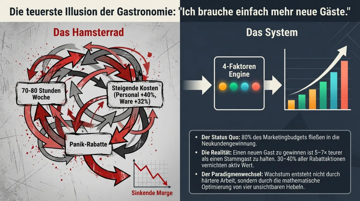 Das Hamsterrad vs. das System: 80 Prozent des Budgets fließen in Neukundengewinnung statt in die 4-Faktoren-Engine