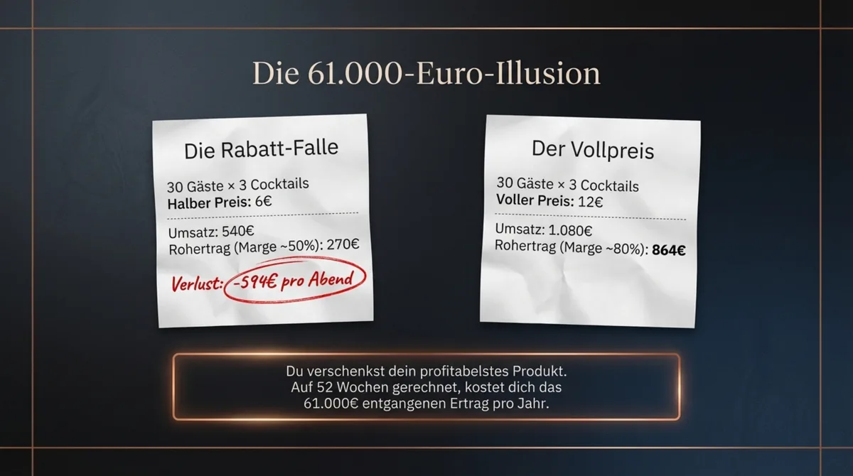 Die 61.000-Euro-Illusion: Pauschalrabatt vernichtet Rohertrag – Vergleich Rabatt-Happy-Hour vs. Normalpreis
