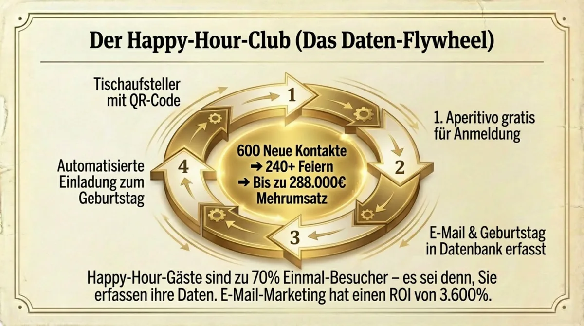 Happy-Hour-Club Daten-Flywheel: Von Einmalbesuchern zu Stammgästen durch QR-Code und E-Mail-Marketing