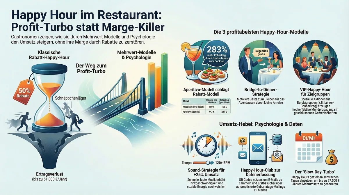Happy Hour Restaurant Infografik: 3 profitable Modelle – Aperitivo, VIP-Happy-Hour und Bridge-to-Dinner