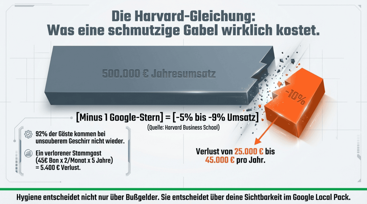 Harvard-Gleichung: Minus 1 Google-Stern kostet ein Restaurant mit 500.000 Euro Jahresumsatz zwischen 25.000 und 45.000 Euro pro Jahr
