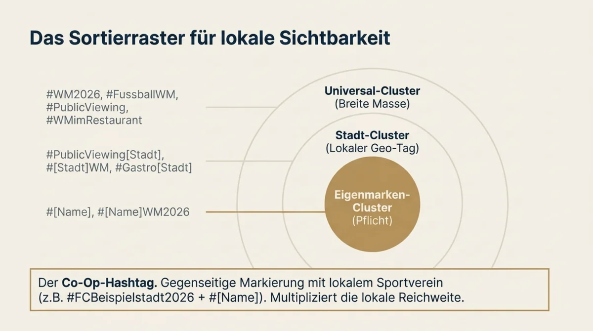 Das DACH-Hashtag-Sortierraster fuer WM 2026: Universal-Cluster, Stadt-Cluster, Eigenmarken-Cluster