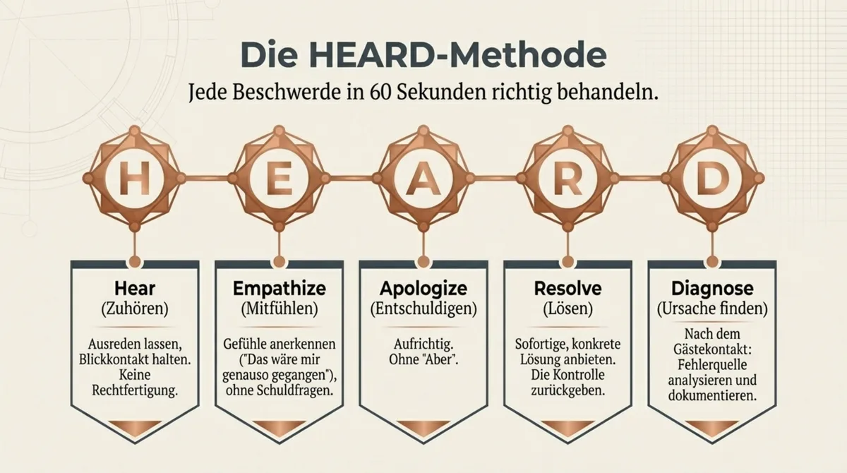 HEARD Methode Beschwerde Gastronomie: Hear Zuhören, Empathize Mitfühlen, Apologize Entschuldigen, Resolve Lösen, Diagnose Ursache finden in 60 Sekunden
