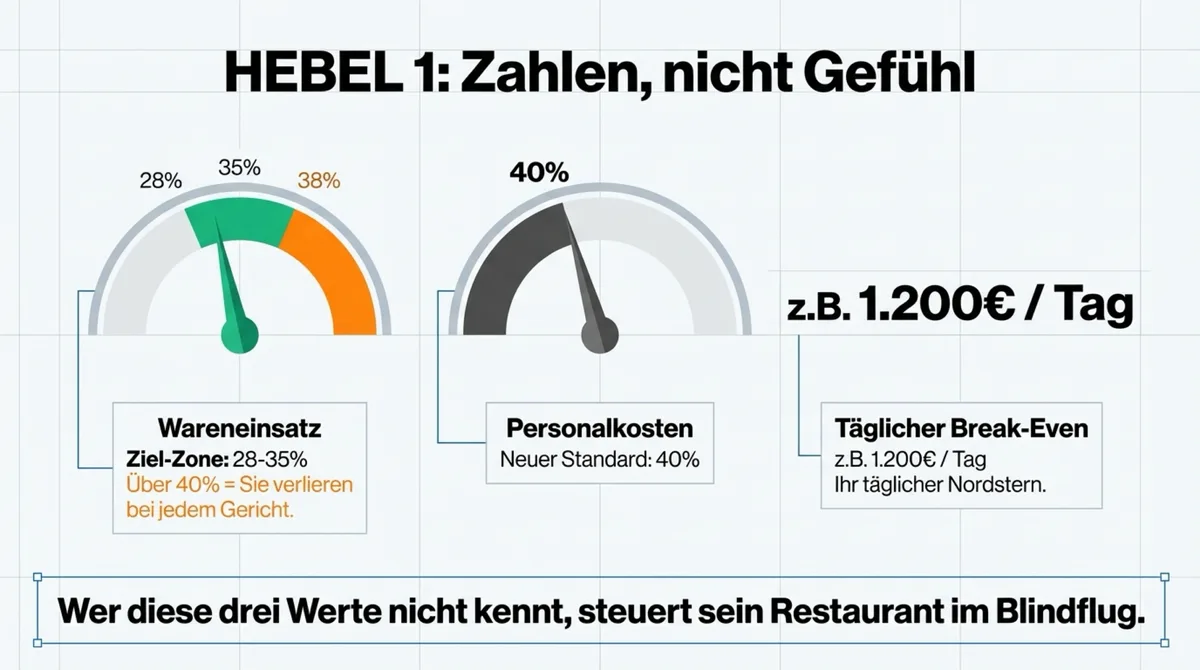Hebel 1: Zahlen nicht Gefühl — Wareneinsatz 28-35 Prozent, Personalkosten 40 Prozent, täglicher Break-Even kennen