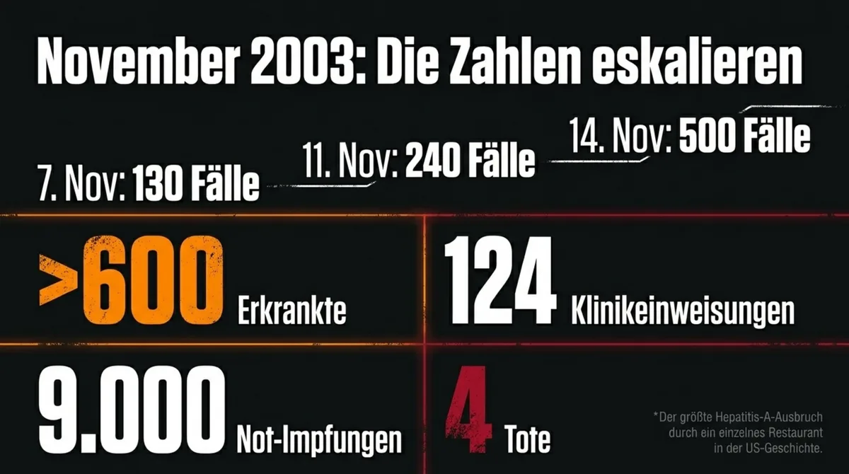 Hepatitis-Ausbruch November 2003 – über 600 Erkrankte, 124 Klinikeinweisungen, 9.000 Notimpfungen, 4 Tote