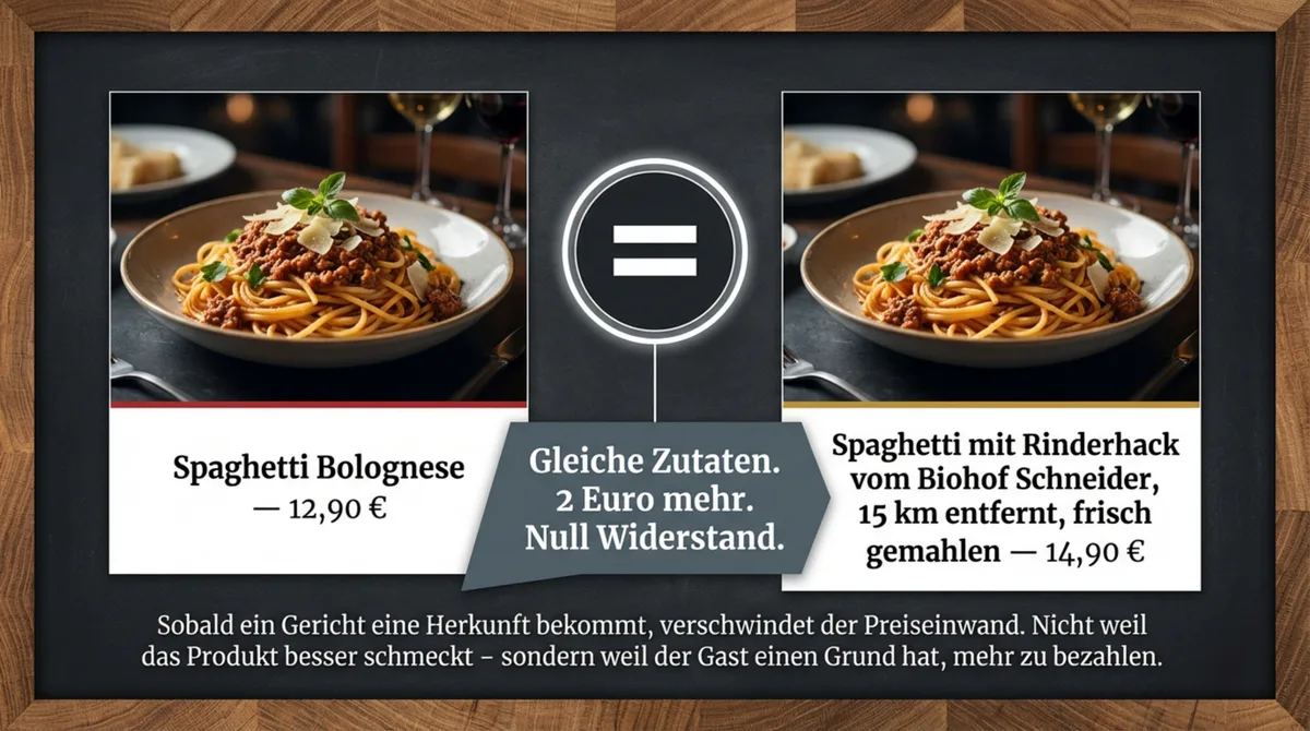 Speisekarte mit Herkunftsangabe: Spaghetti Bolognese 12,90 EUR vs. Spaghetti mit Rinderhack vom Biohof Schneider 14,90 EUR