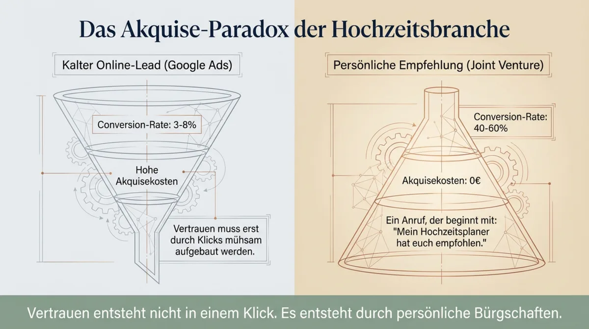 Akquise-Paradox Hochzeitsbranche: Persönliche Empfehlungen erzielen 40-60% Abschlussquote vs. 3-8% bei kalten Online-Leads