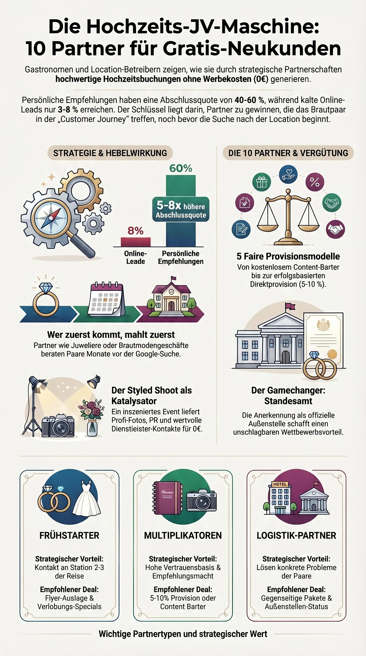 Infografik Hochzeits-JV-Maschine: 10 Partner für Gratis-Neukunden mit Provisionsmodellen und Partnertypen