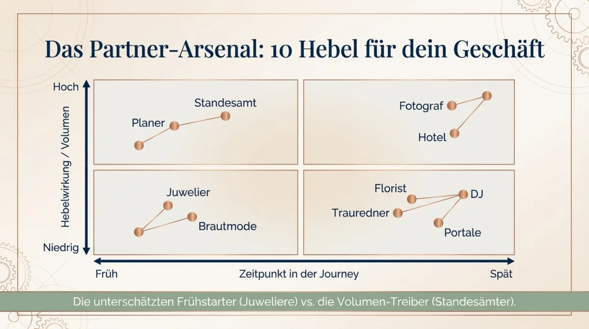 Partner-Arsenal für Hochzeitslocation: 10 strategische Partner nach Hebelwirkung und Zeitpunkt in der Customer Journey