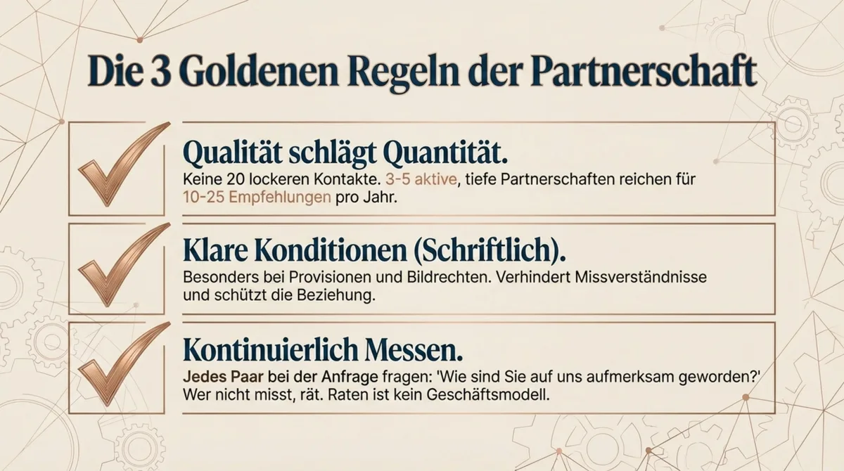 Drei goldene Regeln für Hochzeitslocation-Partnerschaften: Qualität, klare Konditionen, kontinuierlich messen