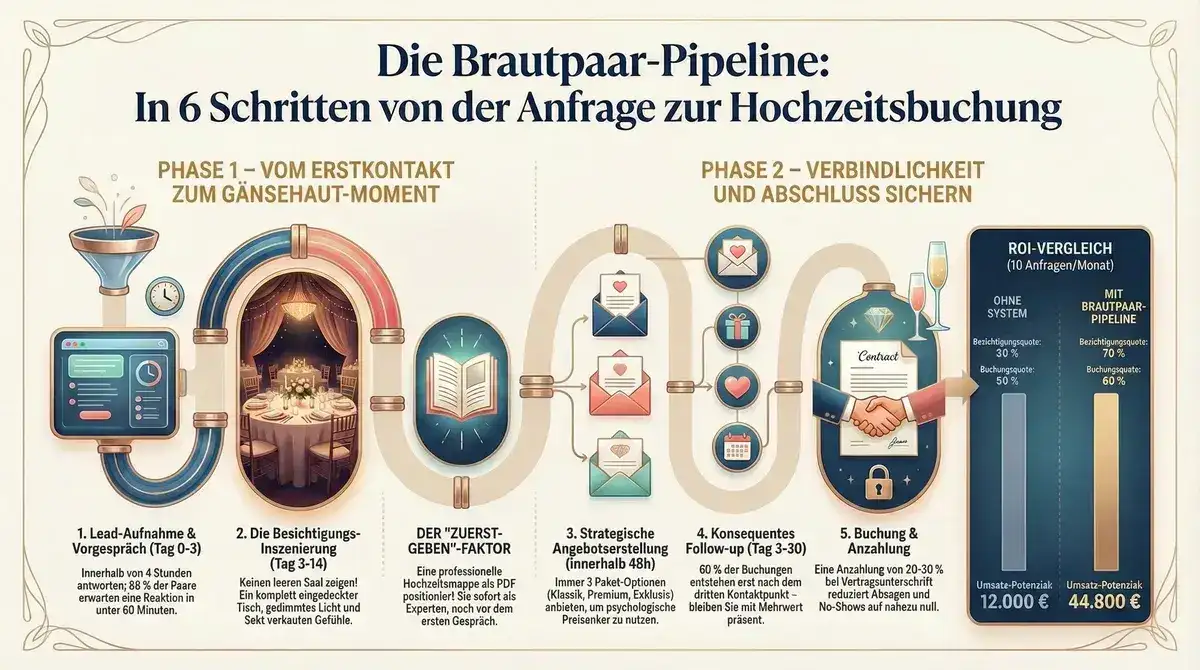 Infografik Hochzeits-Verkaufsprozess Restaurant: Die Brautpaar-Pipeline in 6 Schritten