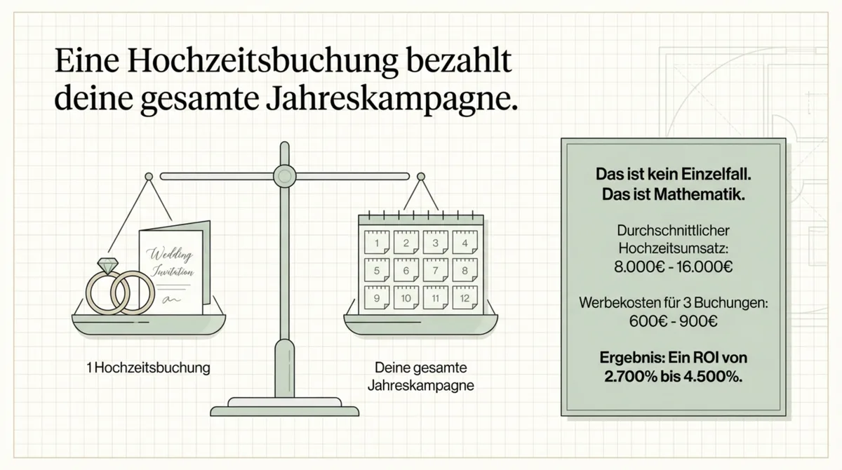 Eine Hochzeitsbuchung bezahlt deine gesamte Facebook-Jahreskampagne – ROI von 2.700 bis 4.500 Prozent