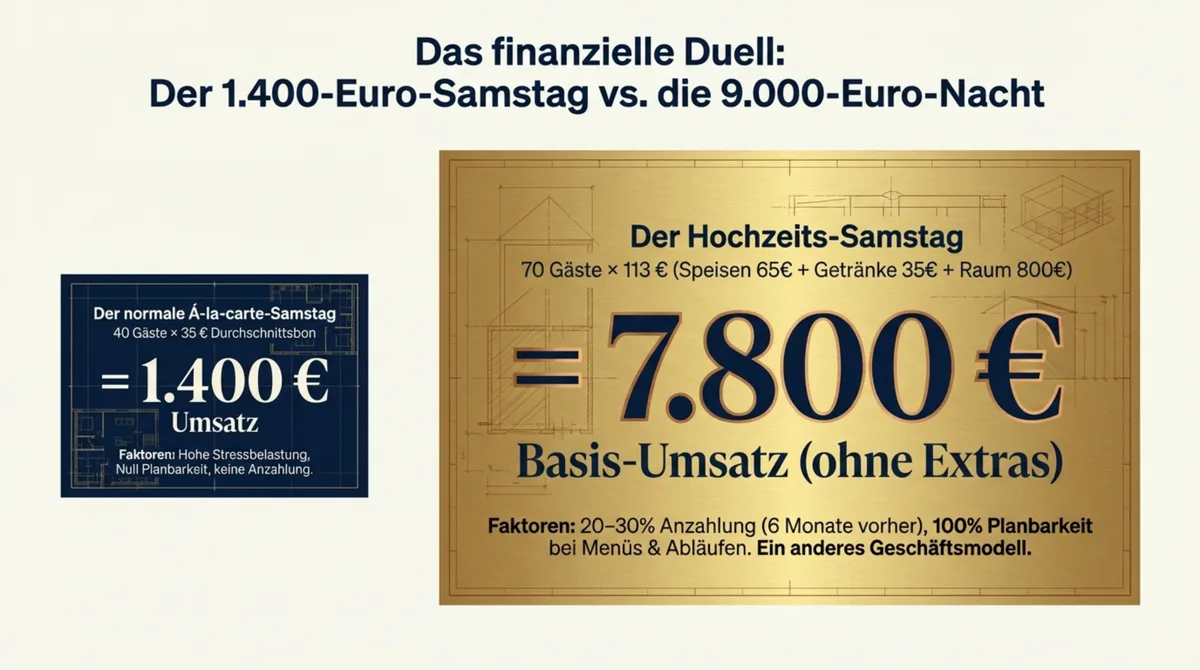 Hochzeit Umsatzvergleich: 1.400 Euro normaler Samstagabend vs. 7.800 Euro Basis-Umsatz bei einer Hochzeitsfeier im Restaurant