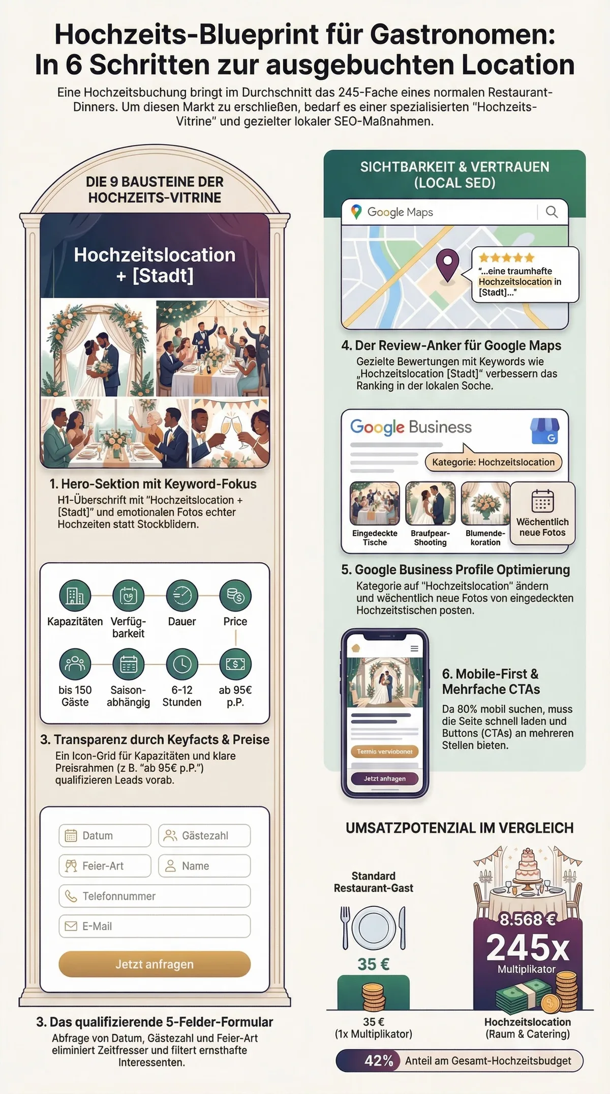 Hochzeits-Blueprint für Gastronomen: 6 Schritte zur ausgebuchten Location mit Hero-Sektion, Kapazitätsgitter, Preistransparenz, Review-Anker, Google Business Profile Optimierung und Mobile-First
