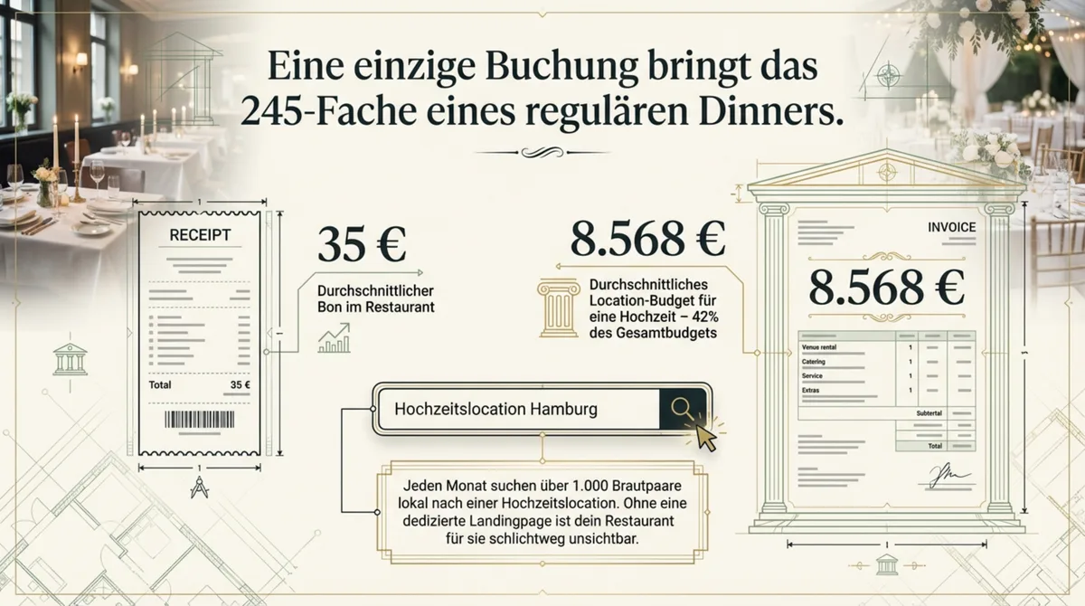 Hochzeitsbuchung bringt das 245-Fache eines regulären Restaurant-Dinners – 35 Euro Bon vs. 8.568 Euro Locationbudget