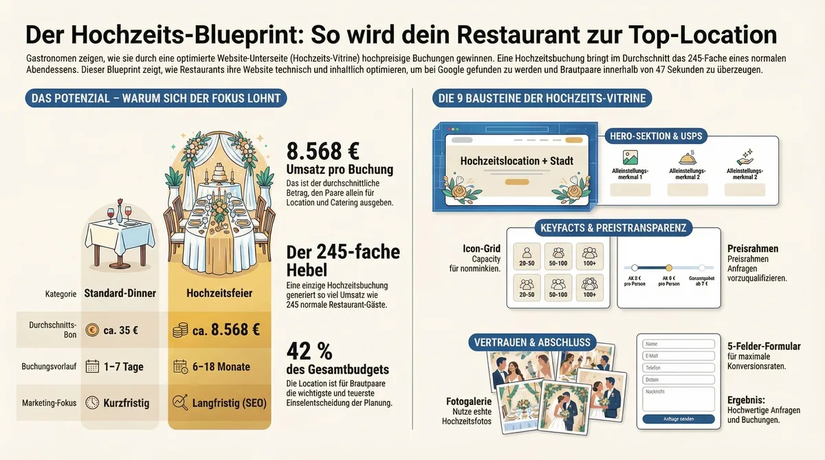 Die 9 Bausteine der Hochzeits-Vitrine im Überblick: Hero-Sektion mit Keyword, USPs, Keyfacts, Räumlichkeiten, Pakete, Ablauf, Social Proof, FAQ und 5-Felder-Formular