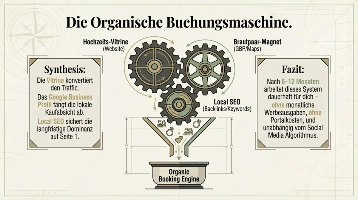 Die organische Buchungsmaschine für Hochzeitslocations: Hochzeits-Vitrine Website, Google Business Profile und Local SEO als ineinandergreifende Zahnräder ohne monatliche Werbeausgaben