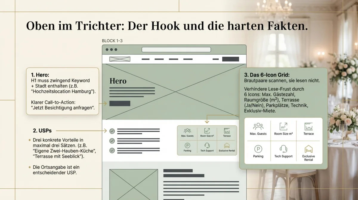 Wireframe der Hochzeits-Vitrine: Hero mit H1-Keyword und CTA-Button, USPs in drei Sätzen, Icon-Grid mit Keyfacts für Gästezahl, Raumgröße, Parkplätze und Exklusiv-Miete