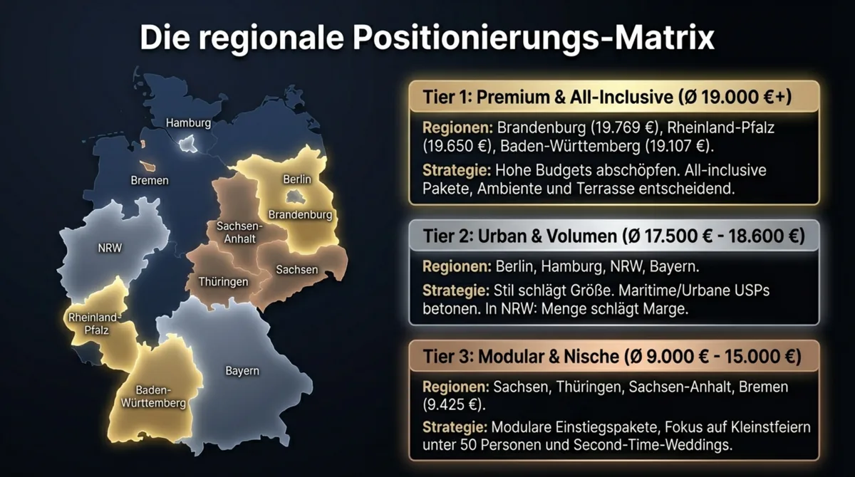 Hochzeitsbudget nach Regionen: Deutschland-Karte mit Positionierungs-Matrix – Premium, Urban und Modular