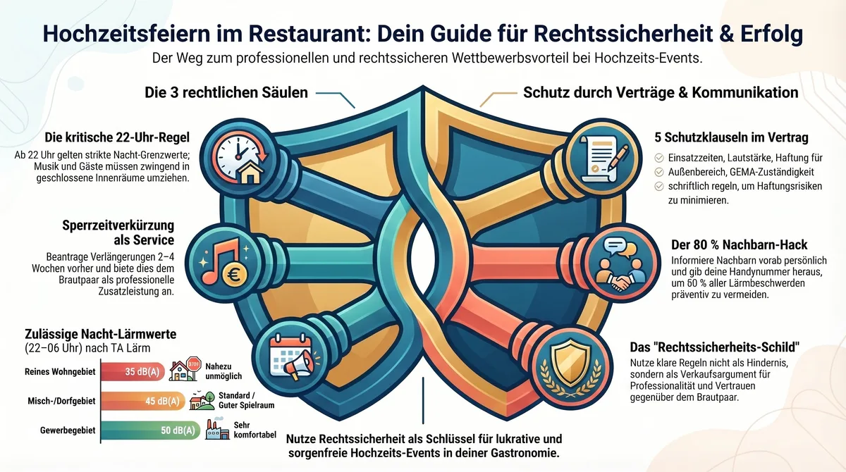 Hochzeitsfeier im Restaurant – Rechtssicherheit auf einen Blick: 3 rechtliche Säulen, GEMA, Sperrzeiten und 5 Vertragsklauseln im Überblick