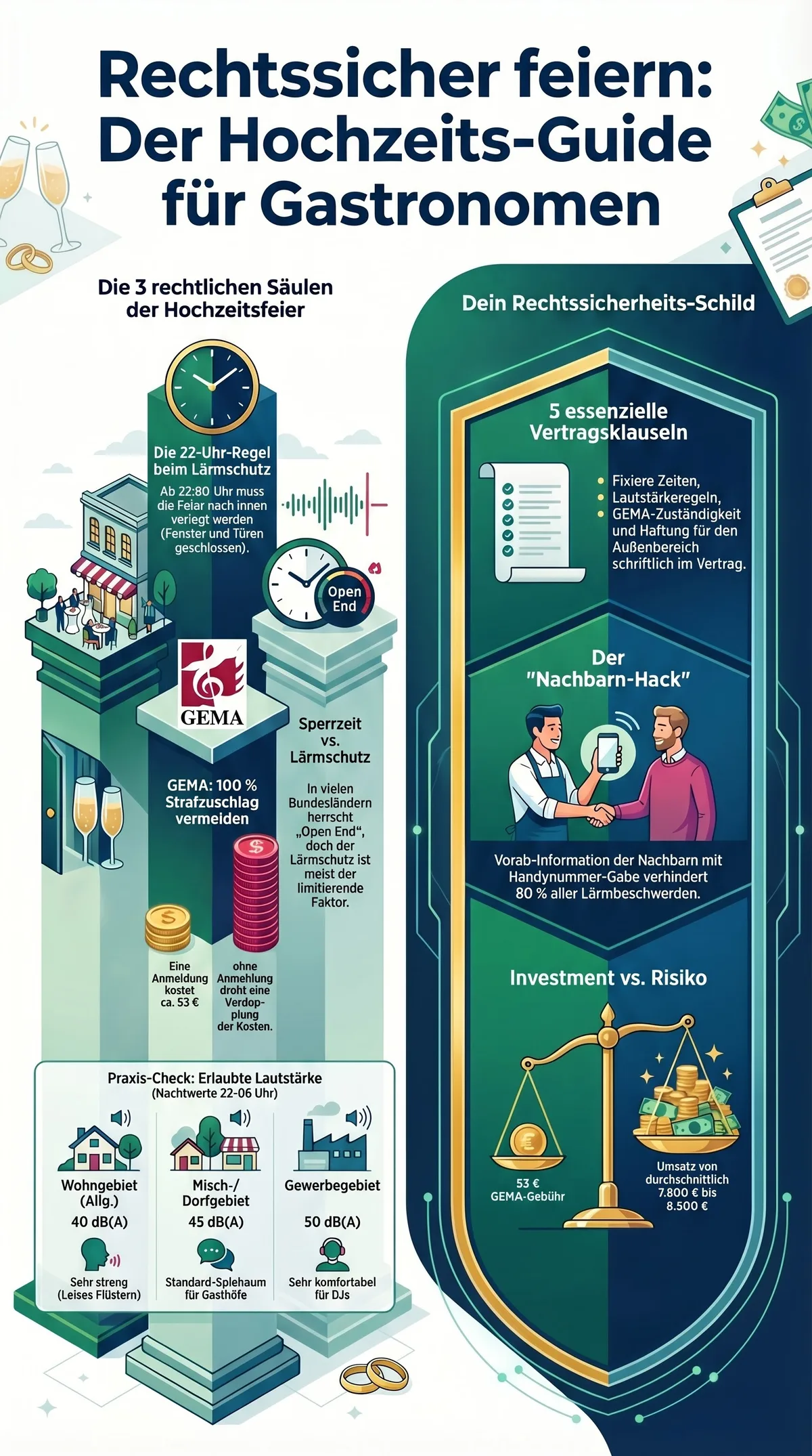 Infografik Hochzeitsfeier im Restaurant: Lärmschutz, GEMA-Kosten, Sperrzeitverlängerung und Vertragsklauseln auf einen Blick