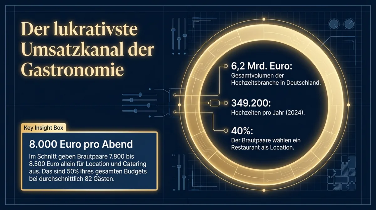 Hochzeitsbranche in Deutschland: 6,2 Milliarden Euro Marktvolumen, 40 Prozent der Paare feiern im Restaurant – und eine einzige Lärm-Beschwerde kann die Buchung zerstören