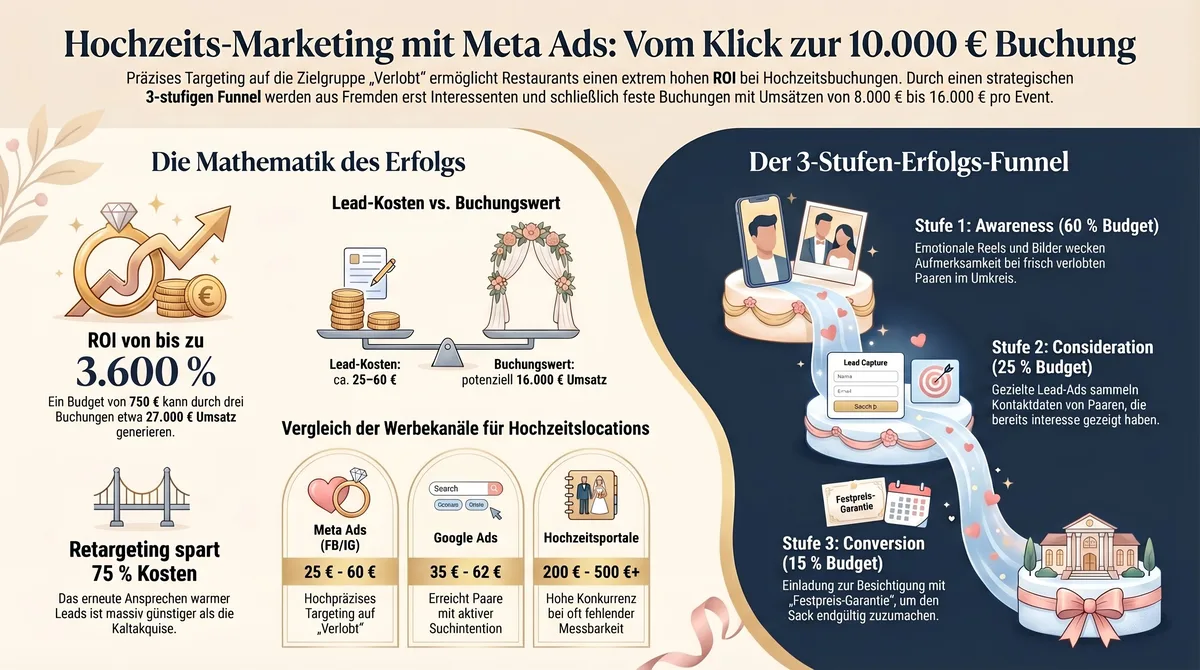 Hochzeits-Marketing mit Meta Ads: ROI-Vergleich und 3-Stufen-Funnel fuer Restaurants – Vom Klick zur 10.000 Euro Buchung
