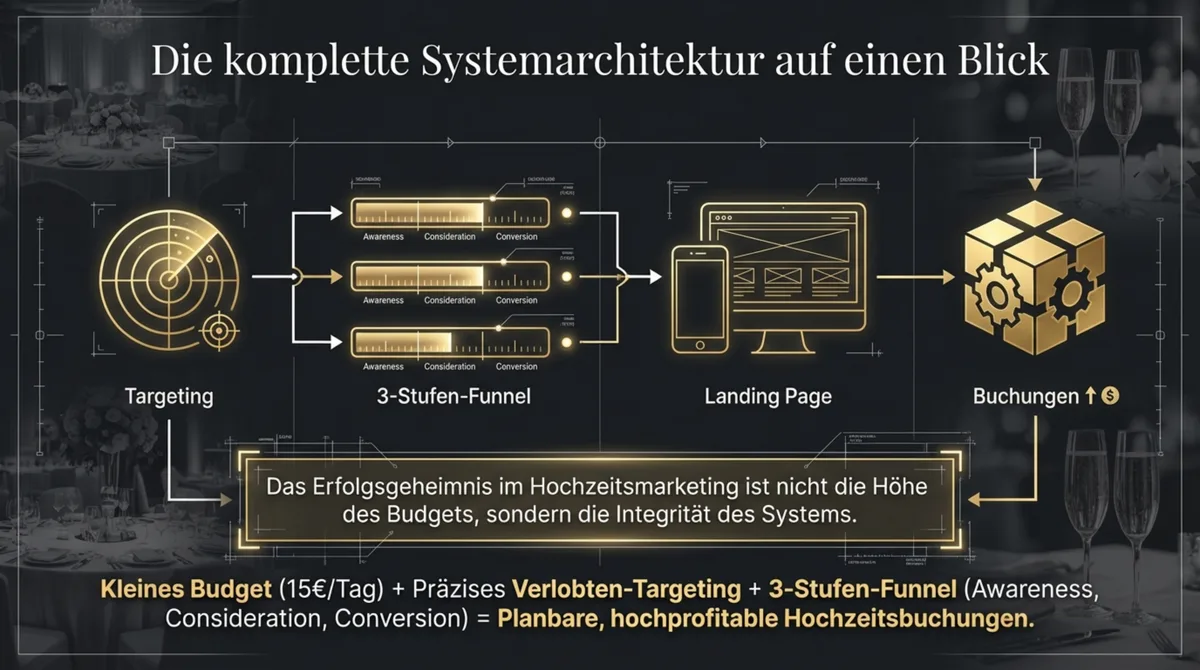 Die komplette Meta Ads Systemarchitektur fuer Hochzeitsmarketing: Targeting, 3-Stufen-Funnel, Landing Page und planbare Buchungen