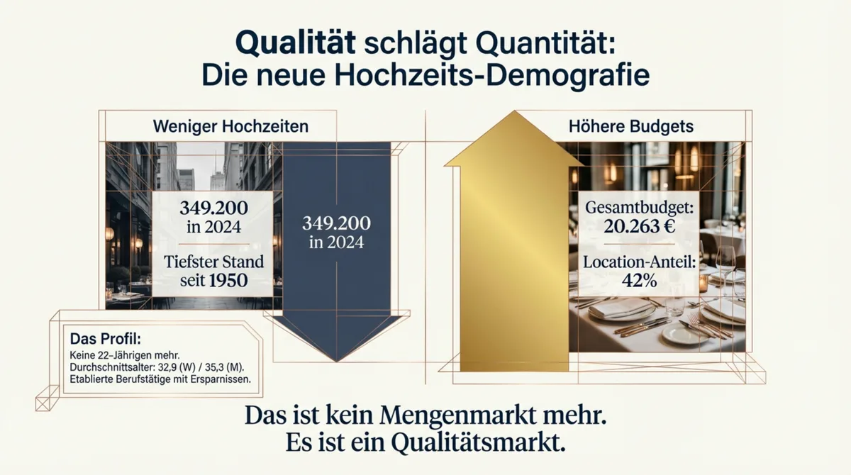Hochzeitsmarkt Demografie: Weniger Hochzeiten bei höheren Budgets – 349.200 Eheschließungen 2024 mit 20.263 Euro Durchschnittsbudget
