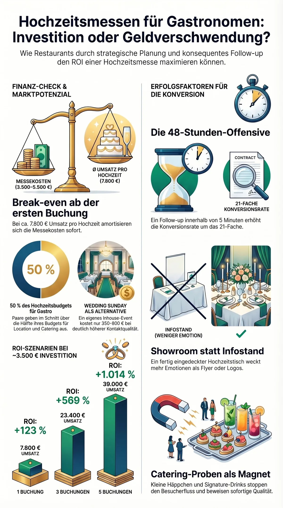 Infografik Hochzeitsmesse für Gastronomen: Investition oder Geldverschwendung – ROI, Kosten, Break-even und Praxis-Tipps