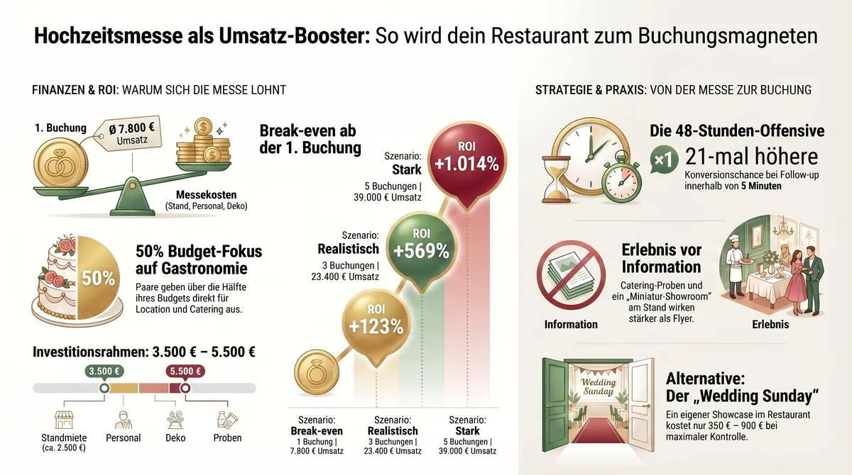 Hochzeitsmesse als Umsatz-Booster: ROI-Szenarien von Break-even bis 1.014 Prozent mit Kanal-Vergleich und 48-Stunden-Strategie