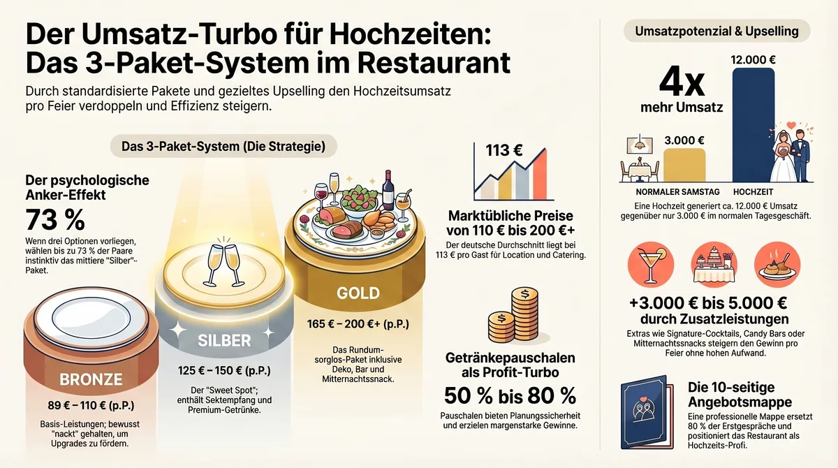 Hochzeitspaket Preise kalkulieren: 113-200€ pro Person Marktübersicht, Getränkepauschale 50-80% Marge, 4x Umsatz Samstag