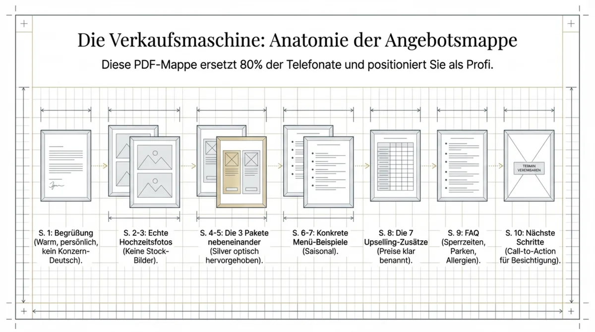 Hochzeitsmappe Restaurant: 10-seitige Angebotsmappe Aufbau – Begrüßung, Fotos, 3 Pakete, Menübeispiele, Upselling, FAQ