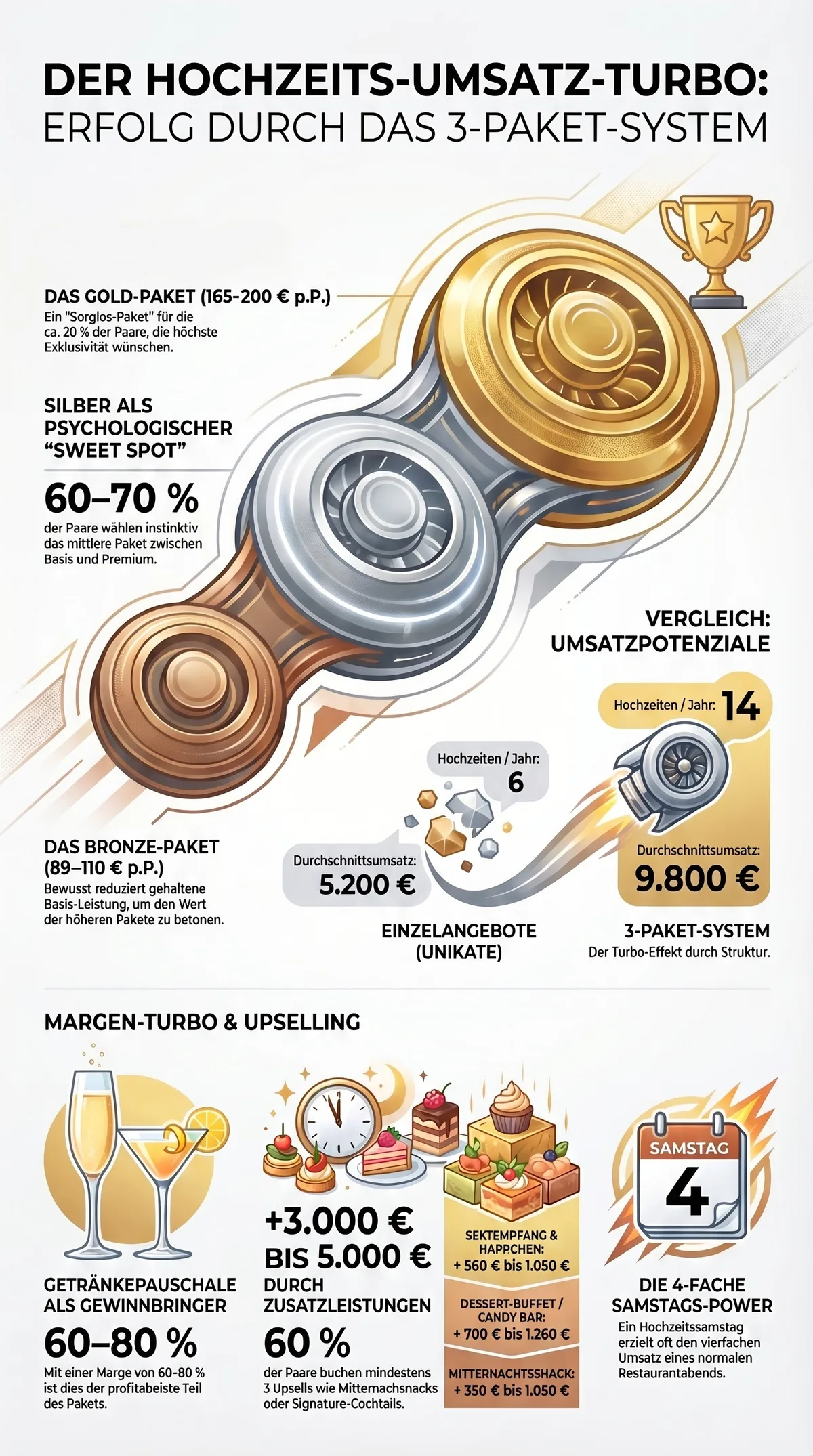 Hochzeitsmarketing Restaurant Infografik: 3-Paket-System Umsatz-Turbo mit Bronze Silver Gold, Margen-Booster und Samstags-Multiplikator