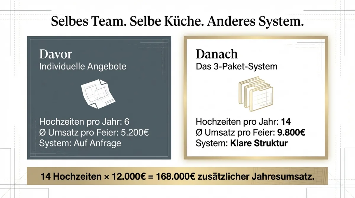 Hochzeitspaket Restaurant vorher nachher: 6 Hochzeiten mit Einzelangeboten vs. 14 Hochzeiten mit 3-Paket-System