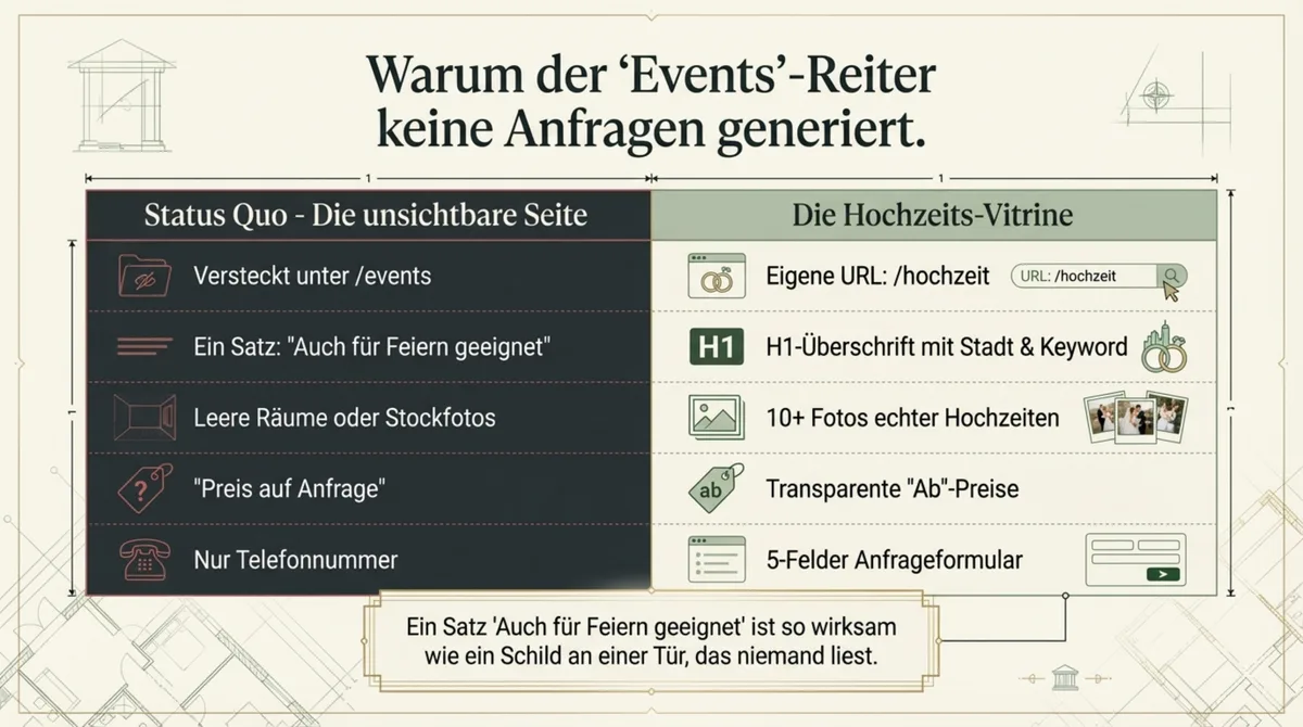 Vergleich: Hochzeit versteckt unter Events-Reiter vs. eigene Hochzeits-Vitrine mit URL, H1-Keyword und 5-Felder-Formular