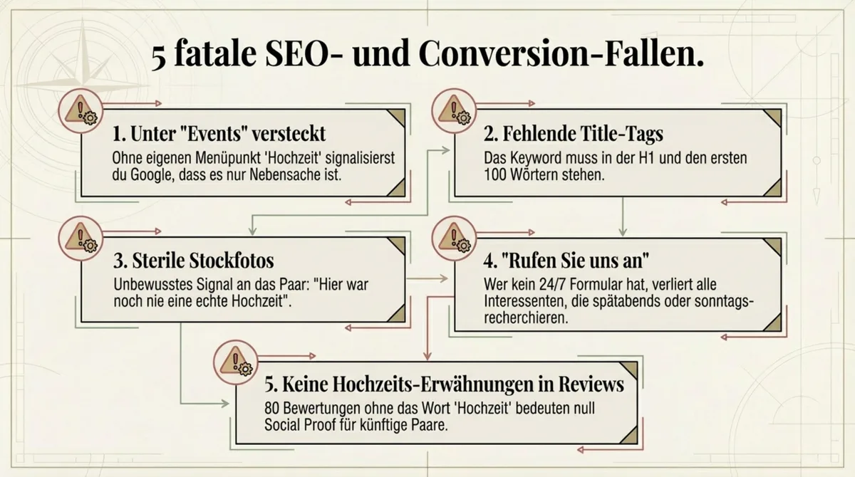 5 fatale SEO und Conversion-Fallen für Hochzeitsseiten: Hochzeit unter Events versteckt, fehlende Title-Tags und H1-Keywords, Stockfotos statt echte Hochzeiten, kein 24-7-Formular, keine Hochzeits-Bewertungen auf Google