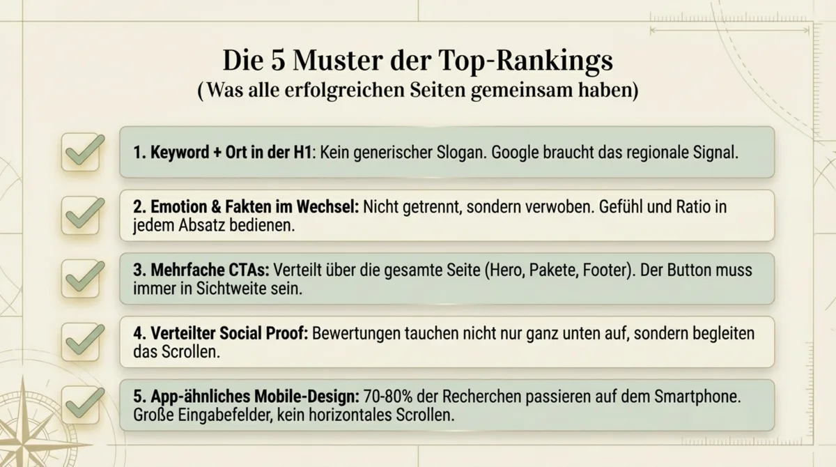 Die 5 Erfolgsmuster der Top-Rankings für Hochzeitslocations: Keyword plus Ort im H1, Emotion und Fakten im Wechsel, mehrfache CTAs, verteilter Social Proof, Mobile-First Design