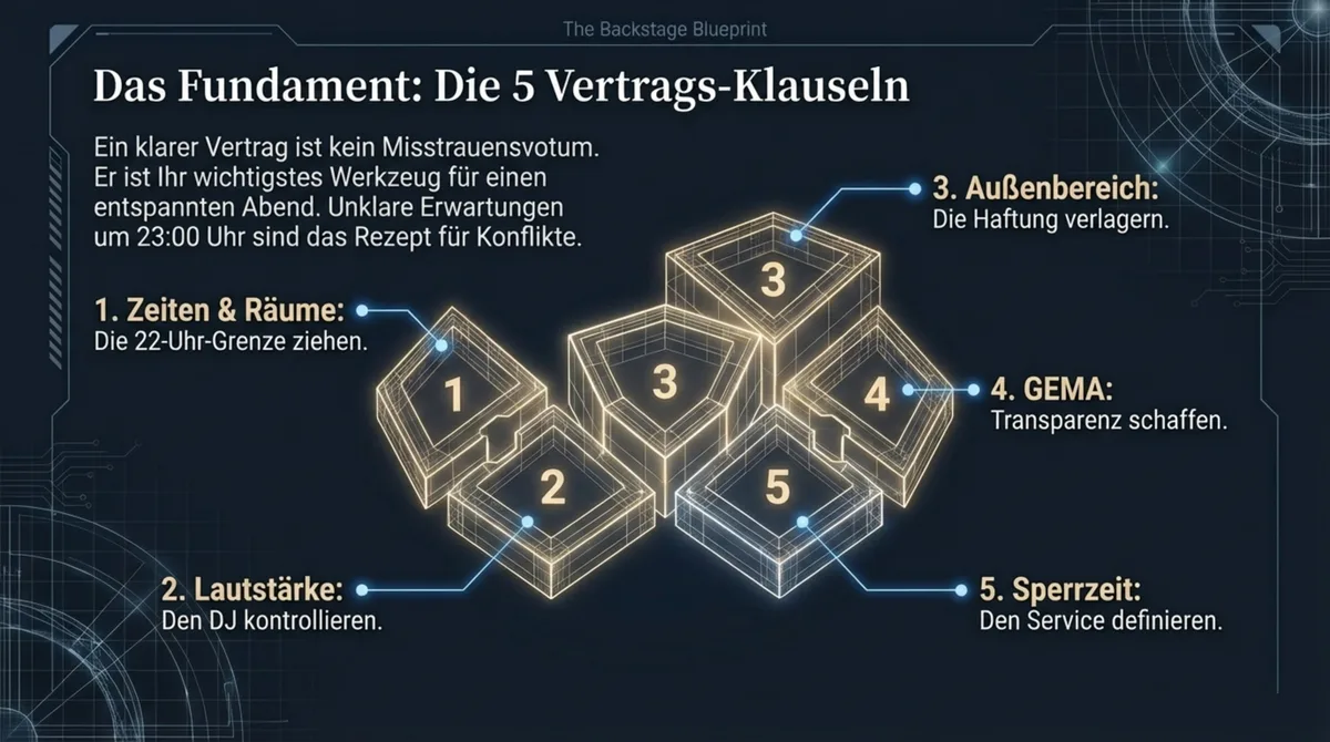 Hochzeitsvertrag Restaurant: 5 Schutzklauseln für Veranstaltungszeit, Lautstärke, Haftung, GEMA und Sperrzeitverlängerung