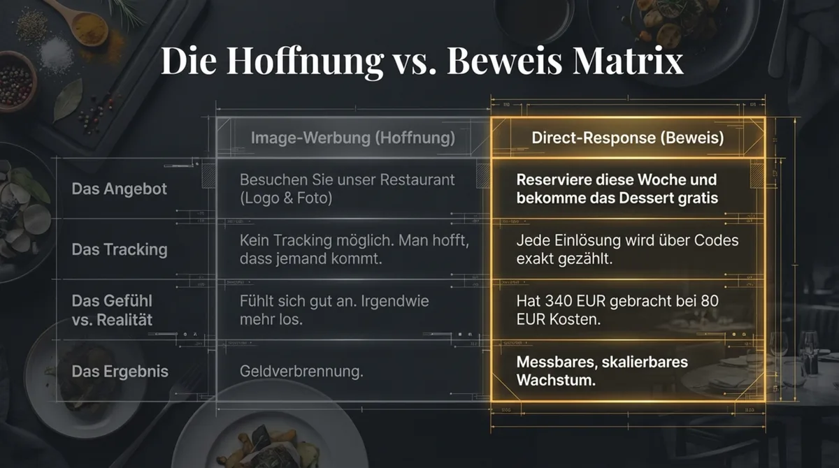 Hoffnung vs. Beweis Matrix: Image-Werbung ohne Tracking gegen Direct-Response-Marketing mit messbarem ROI im Restaurant