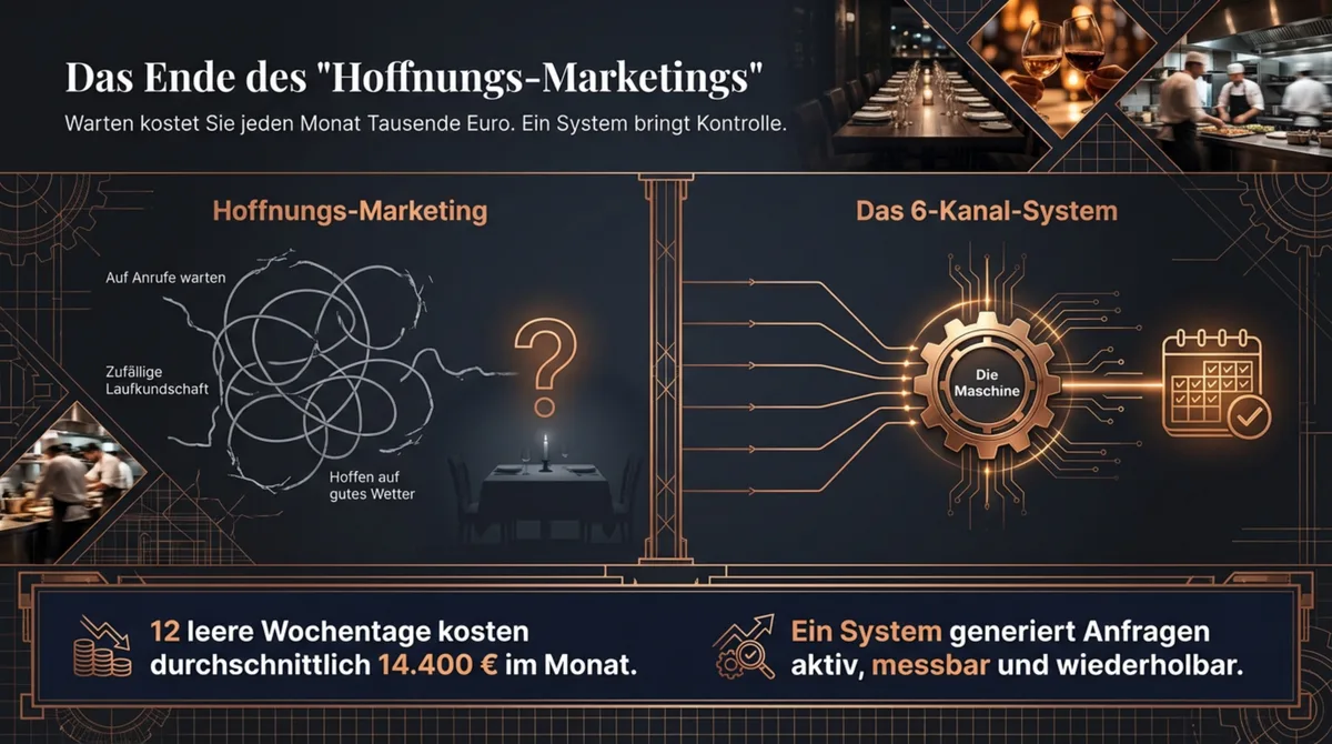 Das Ende des Hoffnungs-Marketings: 12 leere Wochentage kosten 14.400 Euro im Monat — ein System generiert Anfragen aktiv und wiederholbar