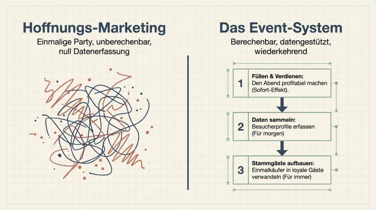 Hoffnungs-Marketing mit einmaliger Party und null Datenerfassung versus das Event-System mit Füllen, Daten sammeln und Stammgäste aufbauen