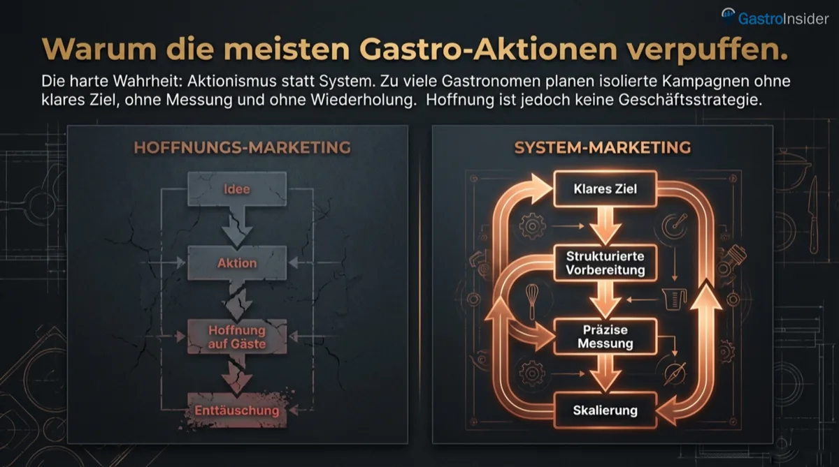 Vergleich: Hoffnungs-Marketing endet in Enttäuschung vs. System-Marketing führt zu Skalierung