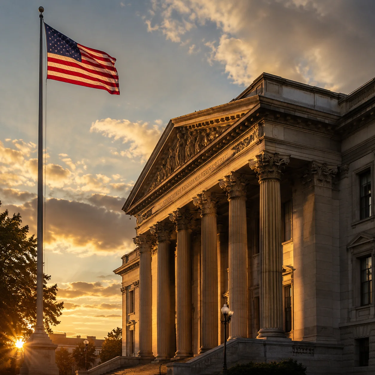 Cinematic-Aufnahme eines Courthouse mit neoklassizistischer Architektur bei goldener Stunde, amerikanische Flagge, professioneller editorialer Stil