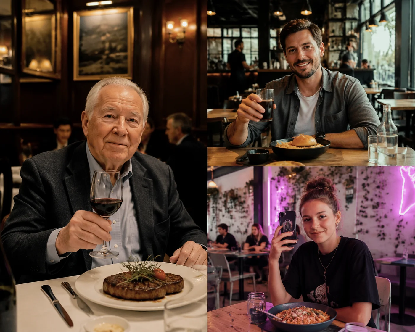Cinematic-Aufnahme drei Generationen (Boomer, Millennial, Gen-Z) an separaten Restaurant-Tischen in unterschiedlichen Restaurant-Stilen, dokumentarisch-Collage-Stil